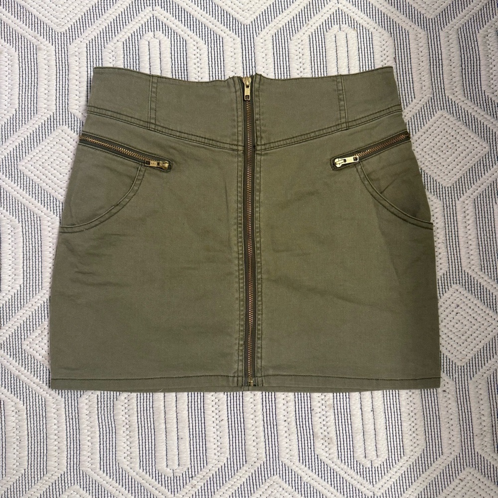 H&M Army Green Jean Mini Skirt, High Waist, Gold Zipper Details + Pockets, 12 - Picture 5 of 14